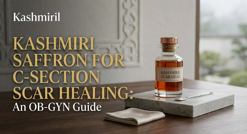 Kashmiri Saffron for C-Section Scar Healing: An OB-GYN Guide. Bottle of amber scar healing oil and a silver spoon on marble.