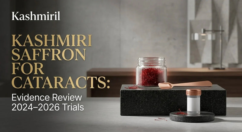 Kashmiri Saffron for Cataracts: Evidence Review 2024–2026 Trials. Saffron jar and copper spoon on a black stone block.