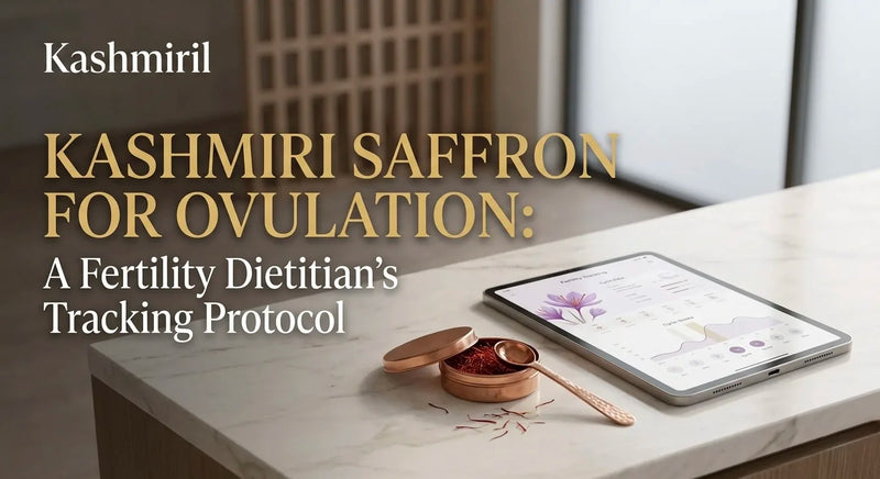 Kashmiri Saffron for Ovulation: A Fertility Dietitian's Tracking Protocol. Saffron in copper tin next to a cycle tracking app.