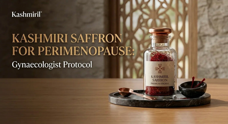 Kashmiri Saffron for Perimenopause: Gynaecologist Protocol. Bottle of premium saffron stigmas with a copper measuring spoon.