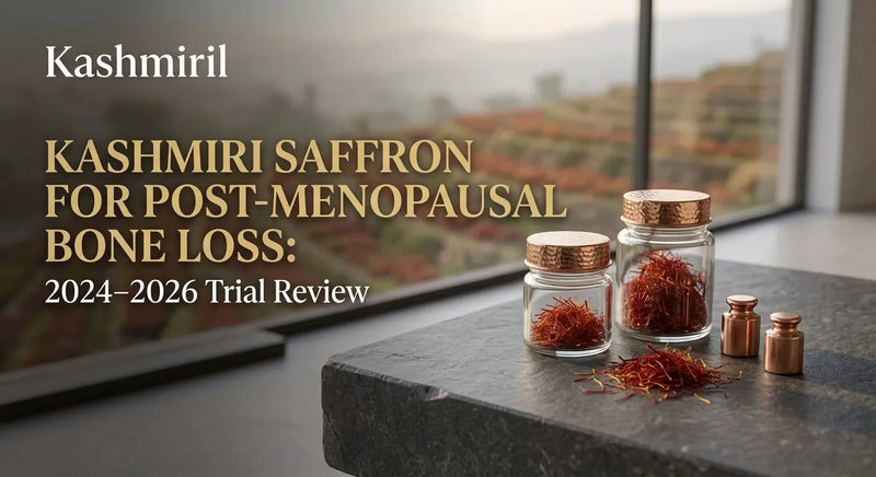 Kashmiri Saffron for Post-Menopausal Bone Loss: 2024-2026 Trial Review. Jars of saffron threads and copper weights on stone.