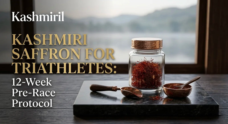 Kashmiri Saffron for Triathletes: 12-Week Pre-Race Protocol. Saffron jar with a copper lid, scoop, and small bowl on marble.