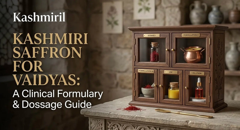 Kashmiri Saffron for Vaidyas: A Clinical Formulary & Dossage Guide. Wooden apothecary cabinet with saffron and oils.