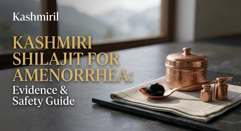 Kashmiri Shilajit for Amenorrhea: Evidence & Safety Guide. Dark shilajit resin on a copper spoon with a traditional copper jar.