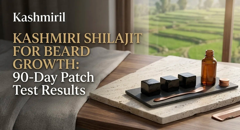 Kashmiri Shilajit for Beard Growth: 90-Day Patch Test Results. Dark shilajit cubes, copper spoon, and amber dropper.