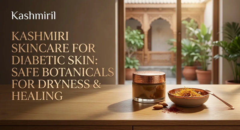 Kashmiri Skincare for Diabetic Skin: Safe Botanicals for Dryness & Healing - A cream jar and a bowl of raw saffron.