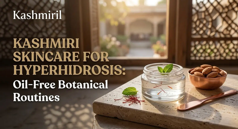 Kashmiri Skincare for Hyperhidrosis: Oil-Free Botanical Routines. A clear gel jar with saffron and mint alongside almonds.