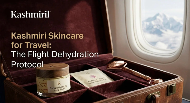 Kashmiril | Kashmiri Skincare for Travel: The Flight Dehydration Protocol. Open vintage suitcase with Saffron Hydrating Sleep Mask, serum sachet, and copper face roller by airplane window.