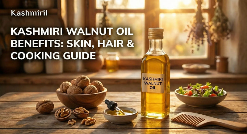 Kashmiri walnut oil bottle with whole walnuts, dropper, and fresh salad – Kashmiri Walnut Oil Benefits for Skin, Hair & Cooking