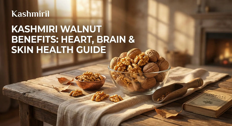 Bowl of Kashmiri walnuts on a wooden table with text "Kashmiri Walnuts Benefits: Heart, Brain & Skin Health Guide".