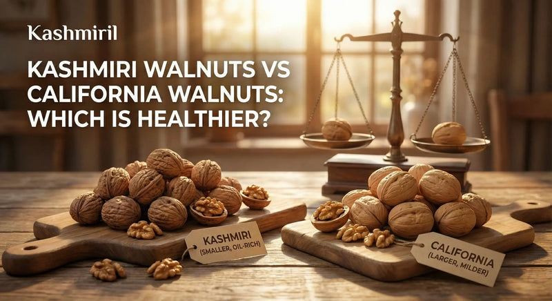 Two piles of walnuts labeled 'Kashmiri' and 'California' on a wooden surface with a balance scale in the background with text "Kashmiri Walnuts Vs California Walnuts: Which is Healthier?".