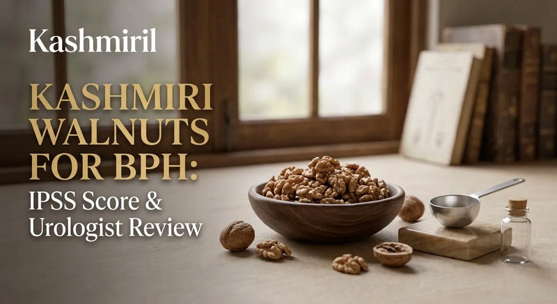 Kashmiri Walnuts for BPH: IPSS Score & Urologist Review. Wooden bowl of shelled walnuts with a metal measuring scoop and vial.