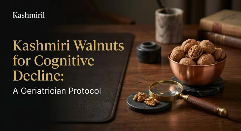 Kashmiri Walnuts for Cognitive Decline: A Geriatrician Protocol. Copper bowl of walnuts and a magnifying glass on a desk.