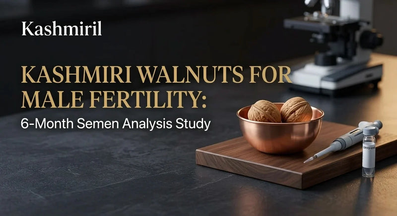 Kashmiri Walnuts for Male Fertility: 6-Month Semen Analysis Study. Copper bowl of walnuts and lab testing equipment.