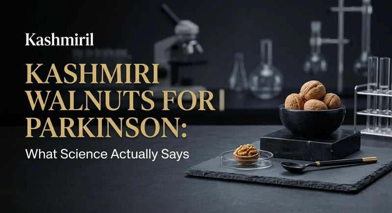 Kashmiri Walnuts for Parkinson: What Science Actually Says. Walnuts in a black bowl and petri dish in a dark lab setting.