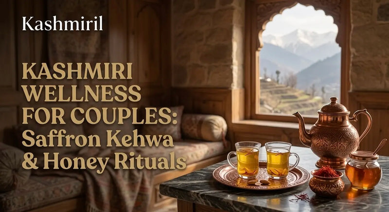 Kashmiri Wellness for Couples: Saffron Kehwa & Honey Rituals. Two cups of Kashmiril kehwa, saffron, and honey with a mountain view.