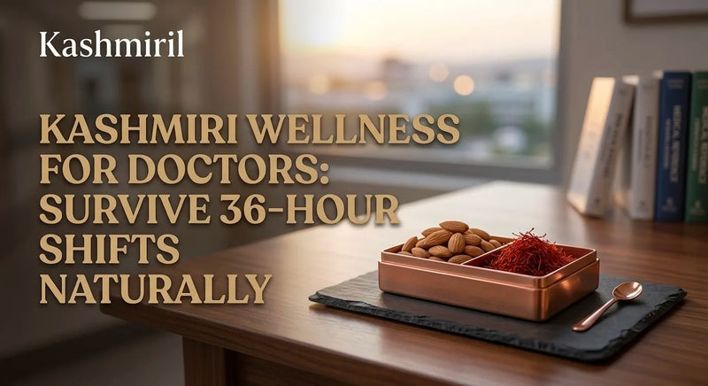 Kashmiri Wellness for Doctors: Survive 36-Hour Shifts Naturally. A copper tray of premium almonds and saffron threads on a desk.