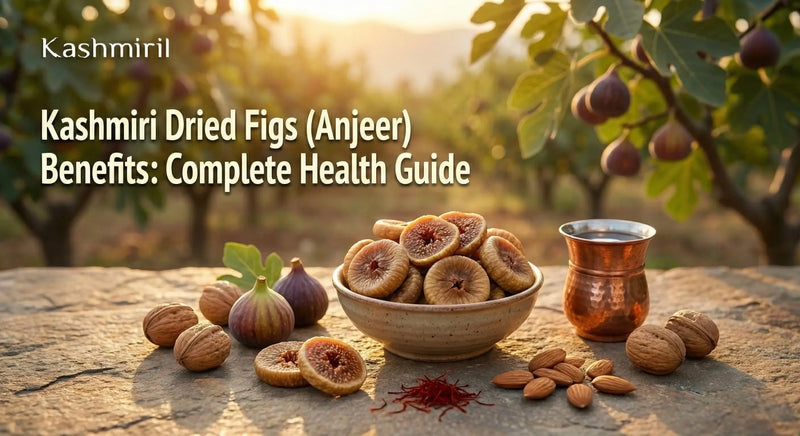 Kashmiri dried figs (Anjeer) Benefits -  Kashmiri Figs in a ceramic bowl with walnuts, almonds, saffron, and traditional copper vessel in a fig orchard