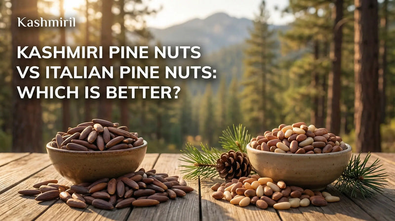 Kashmiri pine nuts vs Italian pine nuts comparison - two ceramic bowls on rustic wooden table showing long, slender brown Chilgoza pine nuts on the left and shorter, creamy white Italian stone pine nuts on the right, with pine cones and forest backdrop
