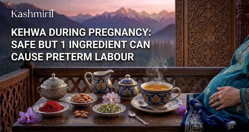 Kehwa During Pregnancy: Safe but 1 Ingredient Can Cause Preterm Labour. Saffron tea setup with a mountain backdrop.