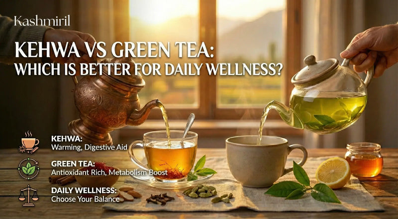 Tea-making scene with teapots and cups on a wooden table, featuring text about Kehwa vs green tea.