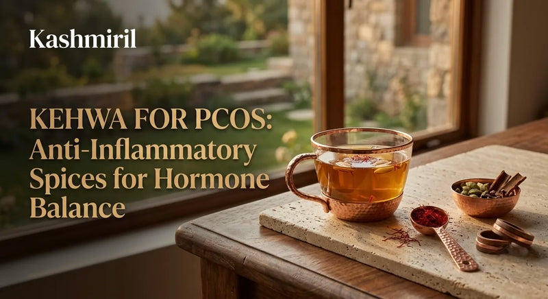 Kehwa for PCOS: Anti-Inflammatory Spices for Hormone Balance - A glass of kehwa with saffron, cardamom, and cinnamon.