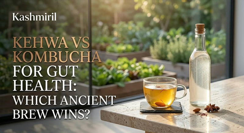 Kehwa vs Kombucha for Gut Health: Which Ancient Brew Wins? A mug of kehwa and a bottle of kombucha near a garden.