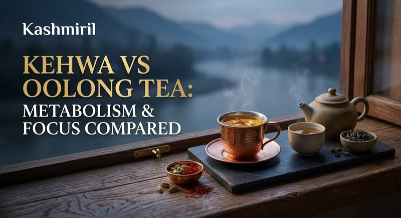 Kehwa vs Oolong Tea: Metabolism & Focus Compared - Steaming kehwa in a copper cup and spices by a mountain window.