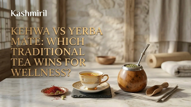 Kehwa vs Yerba Mate: Which Traditional Tea Wins for Wellness? Kashmiri kehwa cup, saffron, and a yerba mate gourd on a table.