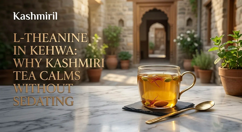 L-Theanine in Kehwa: Why Kashmiri Tea Calms Without Sedating - A glass cup of kehwa with almonds in a bright courtyard.