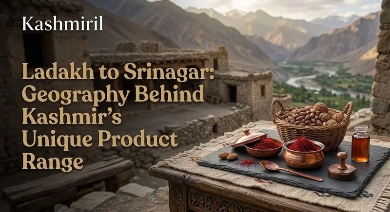 Ladakh to Srinagar: Geography Behind Kashmir's Unique Product Range. Kashmiril saffron, nuts, and honey overlooking a mountain valley.