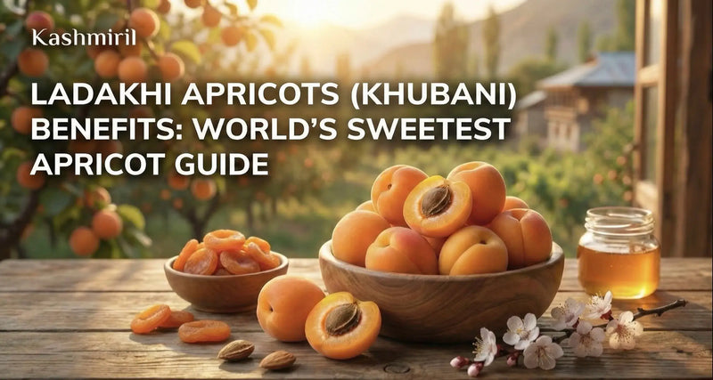 Ladakhi Apricots Benefits - Fresh Khubani in wooden bowl with dried apricots, kernels, and honey by Kashmiril