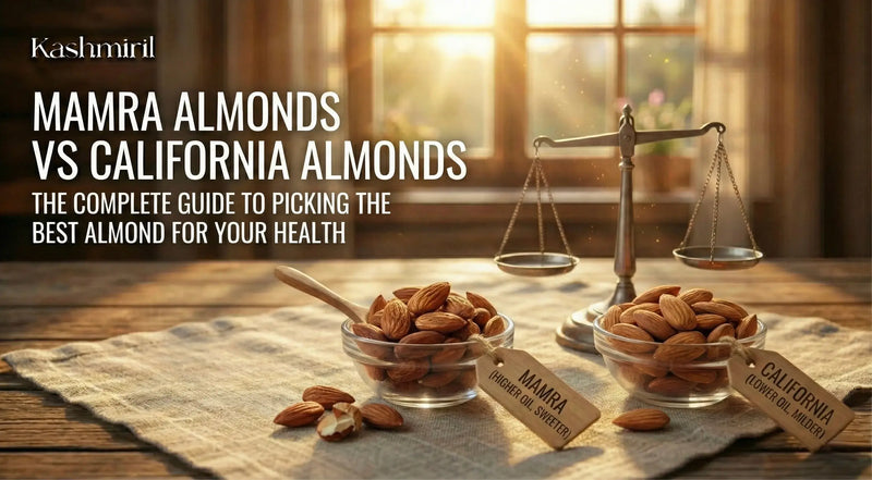 Two bowls of almonds labeled 'Mamra' and 'California' with a scale on a wooden table with featured text "Mamra Almonds Vs California Almonds".