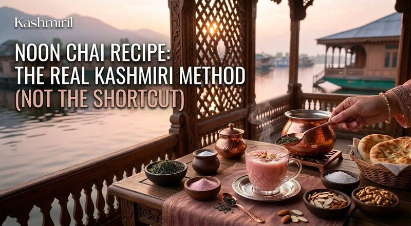 Authentic pink chai setting on a traditional Kashmiri houseboat with the blog title: NOON CHAI RECIPE: THE REAL KASHMIRI METHOD (NOT THE SHORTCUT).