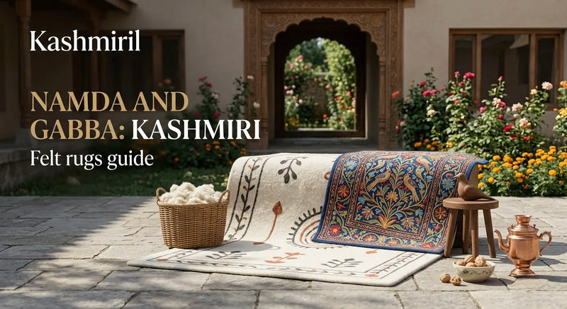 Namda and Gabba: Kashmiri Felt rugs guide. Embroidered felt rugs, a basket of wool, and a copper teapot outdoors.