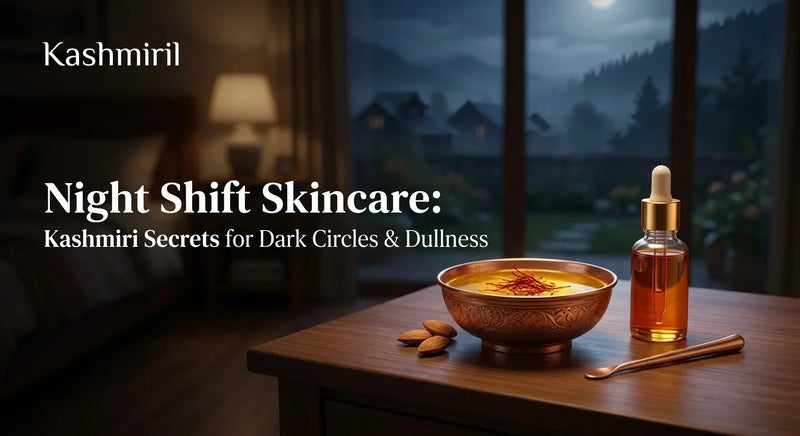 Night Shift Skincare: Kashmiri Secrets for Dark Circles & Dullness by Kashmiril. Luxurious copper bowl with saffron-infused golden oil, amber dropper bottle, almonds on a wooden bedside table against a dreamy moonlit mountain landscape.