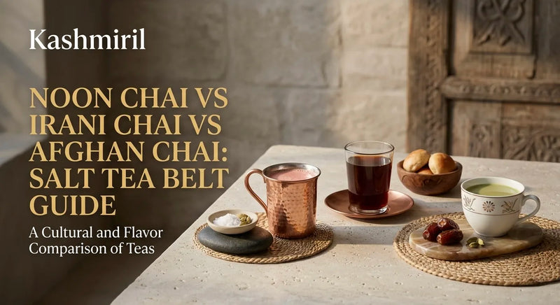 Noon Chai Vs Irani Chai Vs Afghan Chai: Salt Tea Belt Guide. Three different cups of traditional teas, dates & bread.