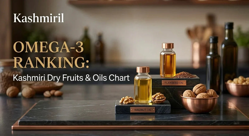 Kashmiril - OMEGA-3 RANKING: Kashmiri Dry Fruits & Oils Chart. Walnut oil and flaxseed oil bottles with walnuts and seeds on marble blocks in modern kitchen.