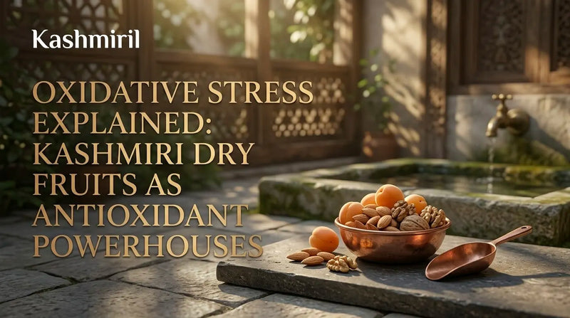 Oxidative Stress Explained: Kashmiri Dry Fruits as Antioxidant Powerhouses. Copper bowl of apricots and nuts by a fountain.