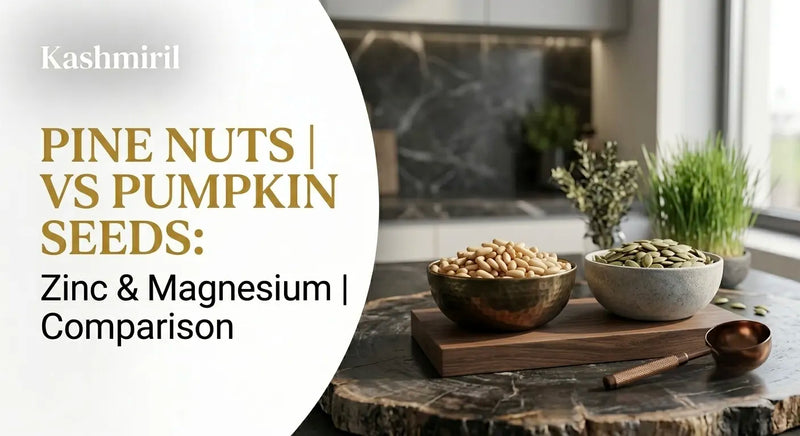 PINE NUTS VS PUMPKIN SEEDS: Zinc & Magnesium Comparison. Bowls of pine nuts and pumpkin seeds on a dark rustic board.