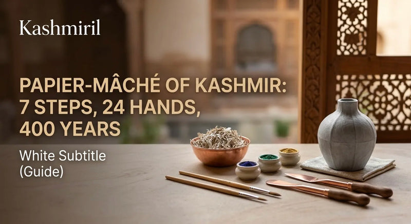 Papier-Mâché of Kashmir: 7 Steps, 24 Hands, 400 Years. Crafting tools, pigment bowls, and an unpainted vase.
