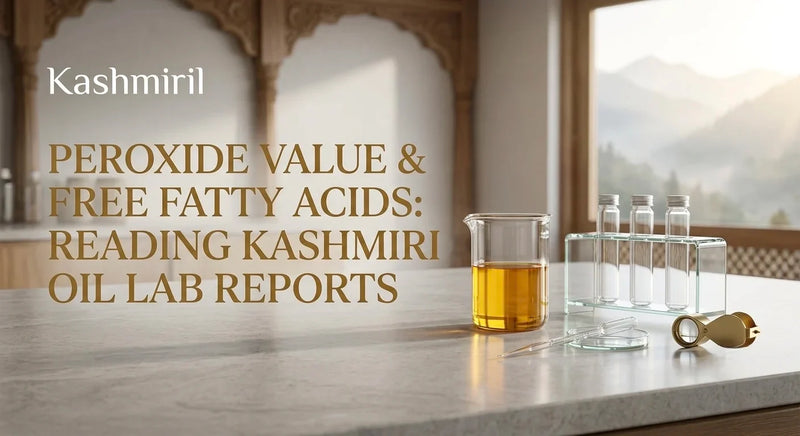 Peroxide Value & Free Fatty Acids: Reading Kashmiri Oil Lab Reports. A beaker of oil, test tubes, and lab tools on a bright counter.