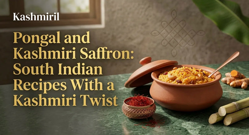 Pongal and Kashmiri Saffron: South Indian Recipes With a Kashmiri Twist. Clay pot of Pongal and Kashmiril saffron on a green counter.