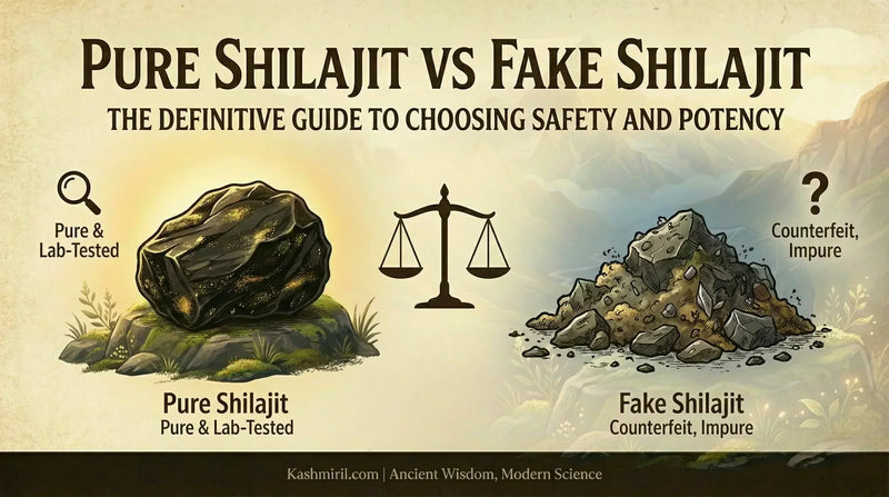 Comparison between pure and fake Shilajit with a balance scale and mountain background.