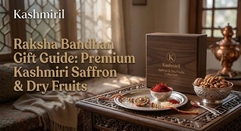 Raksha Bandhan Gift Guide: Premium Kashmiri Saffron & Dry Fruits. Kashmiril wooden gift box, Rakhi, saffron, and nuts on a carved table.