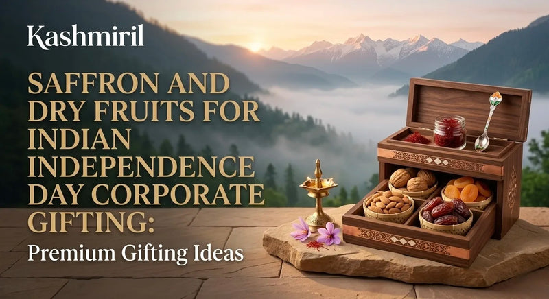 Kashmiril - SAFFRON AND DRY FRUITS FOR INDIAN INDEPENDENCE DAY CORPORATE GIFTING: Premium Gifting Ideas. Open wooden gift box with saffron, almonds, walnuts and dates against misty Himalayan mountains at sunrise.