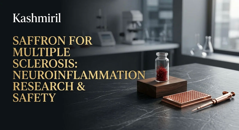 SAFFRON FOR MULTIPLE SCLEROSIS: NEUROINFLAMMATION RESEARCH & SAFETY. Saffron vial and copper pill tray on a dark lab counter.