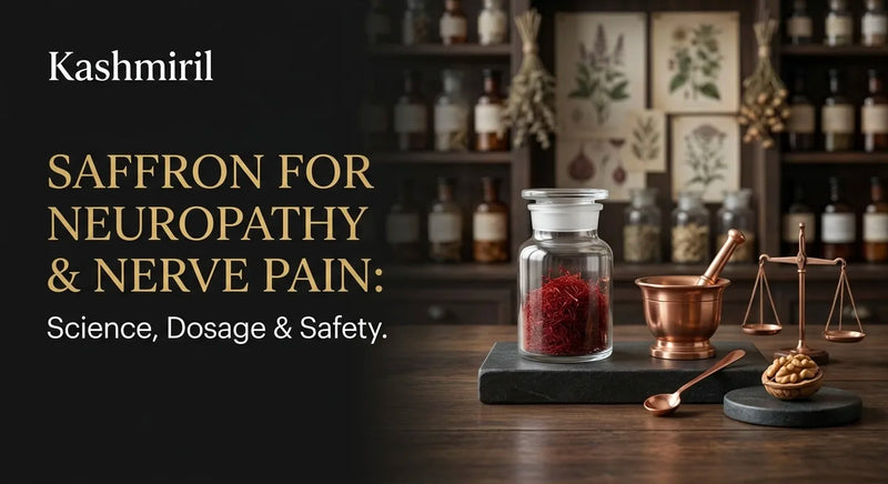 SAFFRON FOR NEUROPATHY & NERVE PAIN: Science, Dosage & Safety. Saffron jar, copper mortar, and vintage brass scale in apothecary.