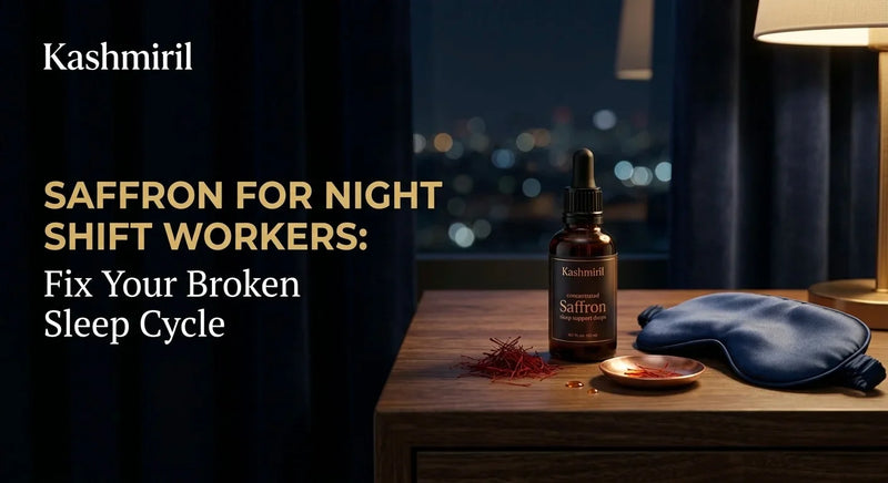 Nightstand scene with Kashmiril saffron sleep drops, silk eye mask and red saffron threads against city lights. Blog title: SAFFRON FOR NIGHT SHIFT WORKERS: Fix Your Broken Sleep Cycle