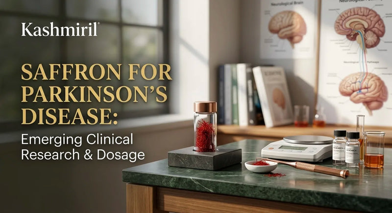 SAFFRON FOR PARKINSON'S DISEASE: Emerging Clinical Research & Dosage. Saffron vial, digital scale, and charts on a green desk.